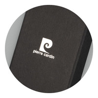 A black key ring with a textured finish and a white logo on its surface.