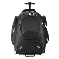 A black wheeled backpack with multiple compartments and a retractable handle. Features a logo on the front.