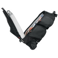 A black wheeled backpack with multiple compartments, showcasing interior storage for a laptop and other items.