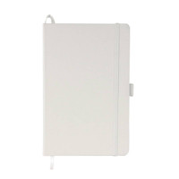 A white A5 notebook with a ribbon marker and elastic closure, featuring a logo on the cover.