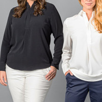 Women's black and white long-sleeve blouses with professional pants.