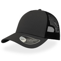 A black trucker cap with a curved visor and mesh back, featuring a branded logo on the side.