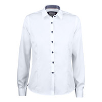 A white women's button-up shirt featuring long sleeves and a checkered inner collar with a logo.