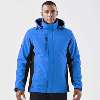 A men's 3-in-1 jacket in bright blue with black accents and a hood, featuring a logo on the sleeve.