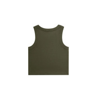 An olive green ribbed crop tank top featuring a simple, sleeveless design and a logo.
