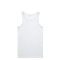 A white organic rib singlet featuring a round neckline and wide shoulder straps. The garment has a logo.