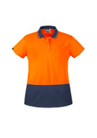 A women's hi-vis short sleeve polo shirt in bright orange with a navy blue bottom and a collar. It has a logo.