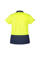 A women's high visibility short sleeve polo in bright yellow and navy blue, featuring a logo on the sleeve.
