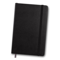 A black Moleskine sketchbook with a textured cover and an elastic closure band.