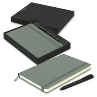 A green Moleskine notebook and black pen, presented in a sleek black gift box.
