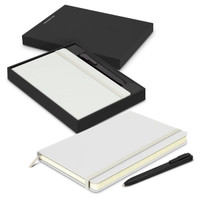 A white Moleskine notebook and black pen in a black gift box, featuring a sleek design.