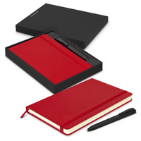 A red Moleskine notebook and pen set presented in a black gift box. Features a sleek design and includes a logo.