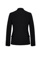 A black mid-length jacket with long sleeves and a tailored back design. It features a logo on the fabric.