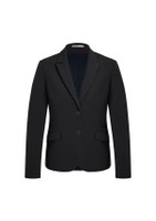 A black mid-length jacket with a notched lapel, featuring two front buttons and side pockets.