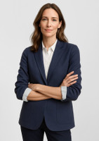 A navy blue women's blazer with a fitted design, featuring a notched lapel and two front pockets.