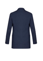 A navy women's blazer featuring a tailored back design with long sleeves and two pockets.