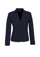 A women's navy wool stretch short jacket featuring a reverse lapel and two buttons, with a logo on the interior.