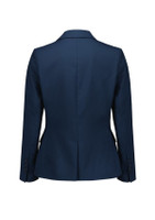 A navy women's mid-length jacket featuring a single button and tailored design, with a logo on the back.
