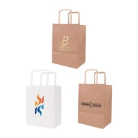 Three flat handle kraft paper bags in brown and white, featuring various designs and logos.