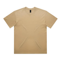 A beige t-shirt with short sleeves and a solid design, featuring a logo on the neckline.