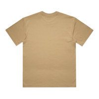 A plain khaki T-shirt with short sleeves and a round neckline, featuring a logo on the back.