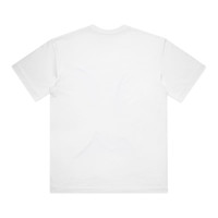 A white t-shirt with a plain back and short sleeves. The shirt features a logo.