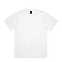 A plain white T-shirt featuring a simple design and a branding label at the neckline.