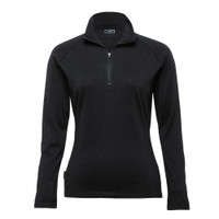 A black Merino zip pullover for women, featuring a quarter zip and long sleeves. It has a branding logo on the collar.