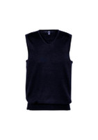 A navy blue men's vest with a V-neck design and no sleeves, featuring a logo on the neckline.