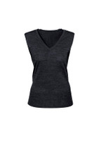 A dark grey women's vest featuring a V-neck design and sleeveless cut, with a logo on the product.