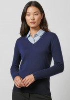 A women's navy Milano pullover sweater with a V-neck and long sleeves, featuring a logo on the chest.