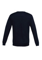 A dark navy pullover jumper with long sleeves and a round neck, featuring basic knit texture. It has a logo.
