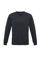 A dark grey men's pullover sweater with a V-neck and long sleeves, featuring a logo.