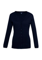 A women's Milano cardigan in black with a V-neck, long sleeves, and a button-down front. Features a logo on the label.