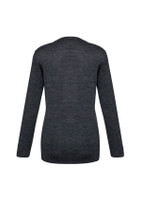 A dark grey women's Milano cardigan featuring long sleeves and a simple design, with a logo on the back.