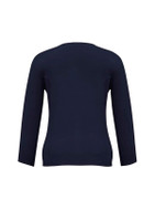 A navy women's 2-way zip cardigan with three-quarter sleeves and a fitted design. It features a logo.