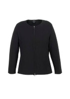 A black women's 2-way zip cardigan with long sleeves and a fitted design. It features a logo on the collar.