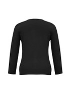 A women's black 2-way zip cardigan with long sleeves and a fitted design. The back view features a smooth, seamless finish.