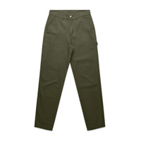 Utility pants in olive green with multiple pockets and a logo. Ideal for casual or outdoor wear.