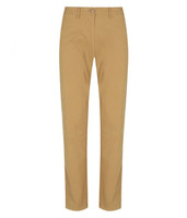 A pair of tan chinos featuring a classic fit and front pockets, with a subtle logo on the waistband.