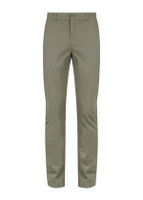 A pair of olive green chinos with a straight leg and a front button closure. The pants feature a subtle logo.
