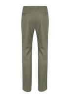 A pair of olive green chinos with a straight leg and two back pockets, featuring a subtle logo.