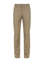 A pair of tan chino pants with a button closure and a brand logo on the waistband.