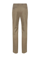 A pair of khaki chinos featuring a classic fit and back pocket details, with a small logo on the waistband.