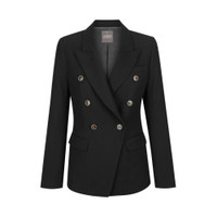 A black double-breasted blazer featuring gold buttons and structured lapels, with front pockets and a tailored fit.