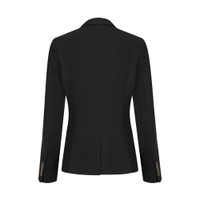 A women's black blazer featuring a tailored fit and long sleeves with button details. It includes a logo.