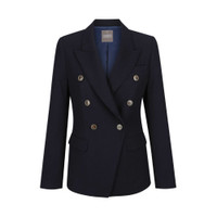 A navy women's blazer featuring double-breasted design and gold buttons, with a structured fit and notched lapels.