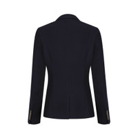 A women's blazer in navy blue, featuring a tailored silhouette and button details on the sleeves.