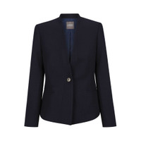 A navy women's crop jacket featuring a single button closure and long sleeves, with a branded label inside.