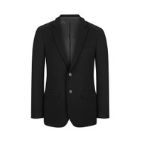 A black men's blazer featuring a single-breasted design, two front pockets, and a tailored fit.